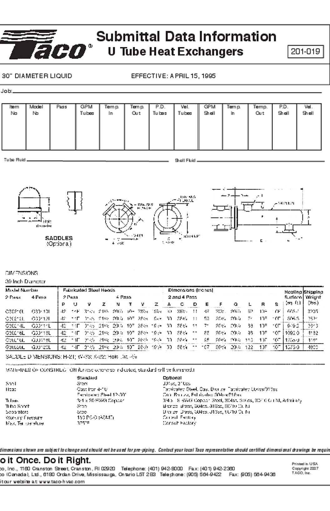 Taco U-Tube Liquid to Liquid Heat Exchangers Submittals