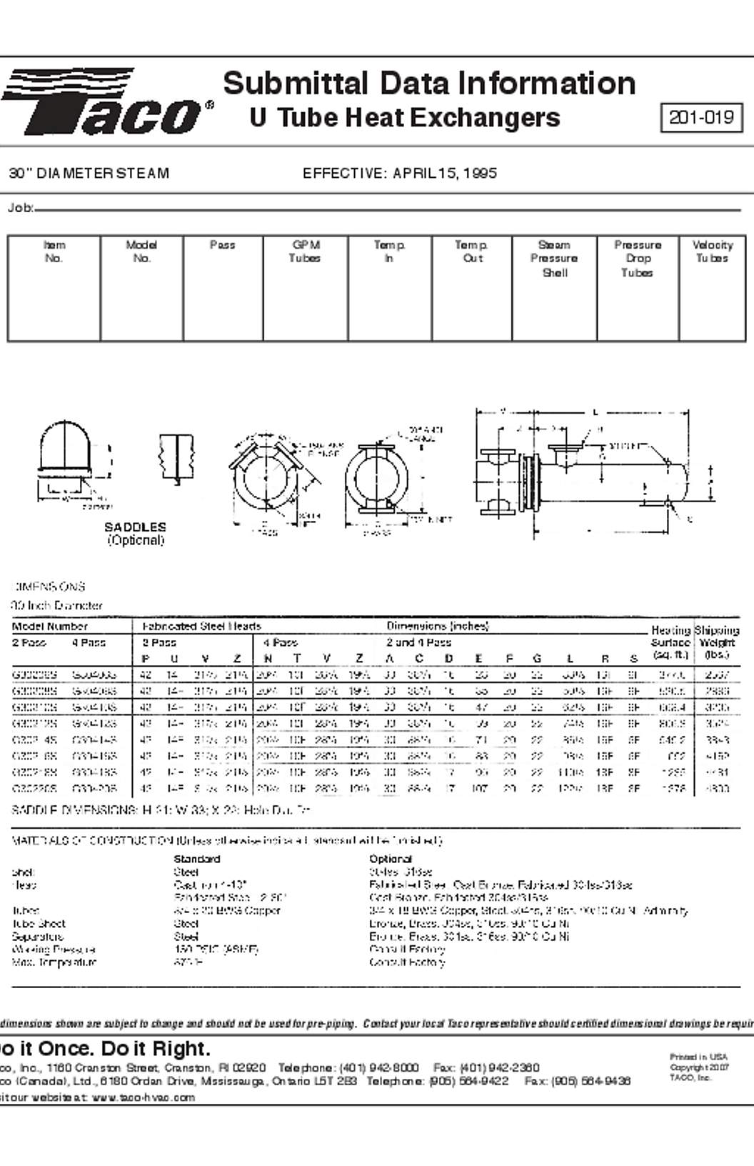 Taco U-Tube Steam to Liquid Heat Exchangers Submittals