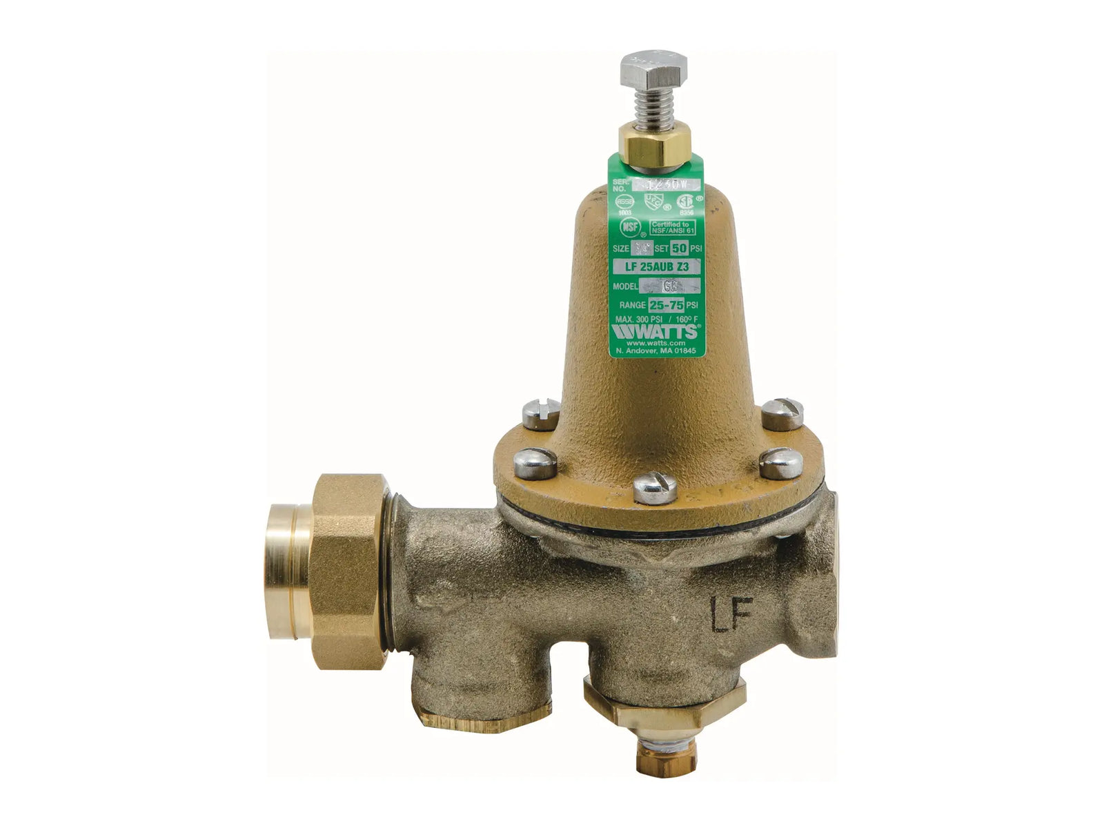 Watts 0009278, 3/4" LF Water Reducing Valve, 25-75# Gauge Tap
