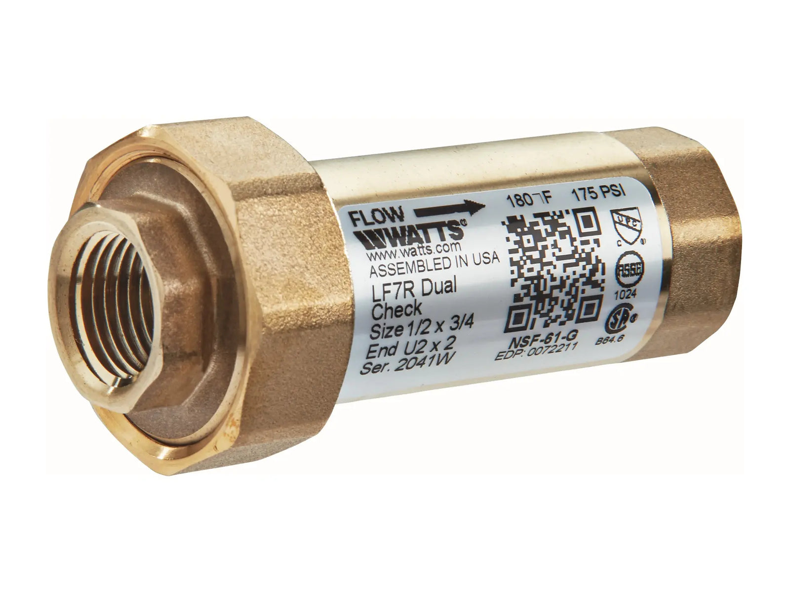 Watts 0072211, 1/2x3/4 LF7RU2-2 Lead Free Residential Dual Check Valve Backflow Preventer