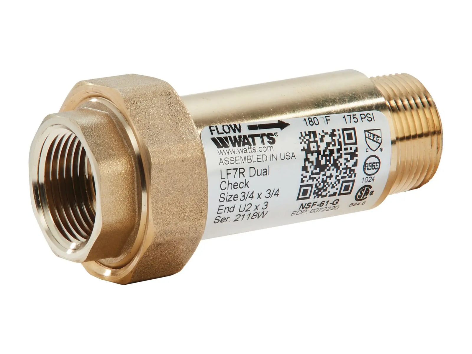 Watts 0072220, 3/4x3/4 LF7RU2-3  Lead Free Residential Dual Check Valve Backflow Preventer