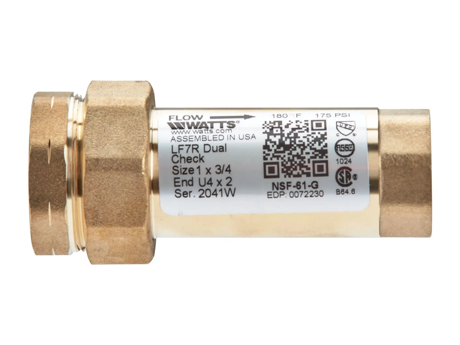 Watts 0072230, 1 x 3/4 IN Lead Free Residential Dual Check Valve Backflow Preventer