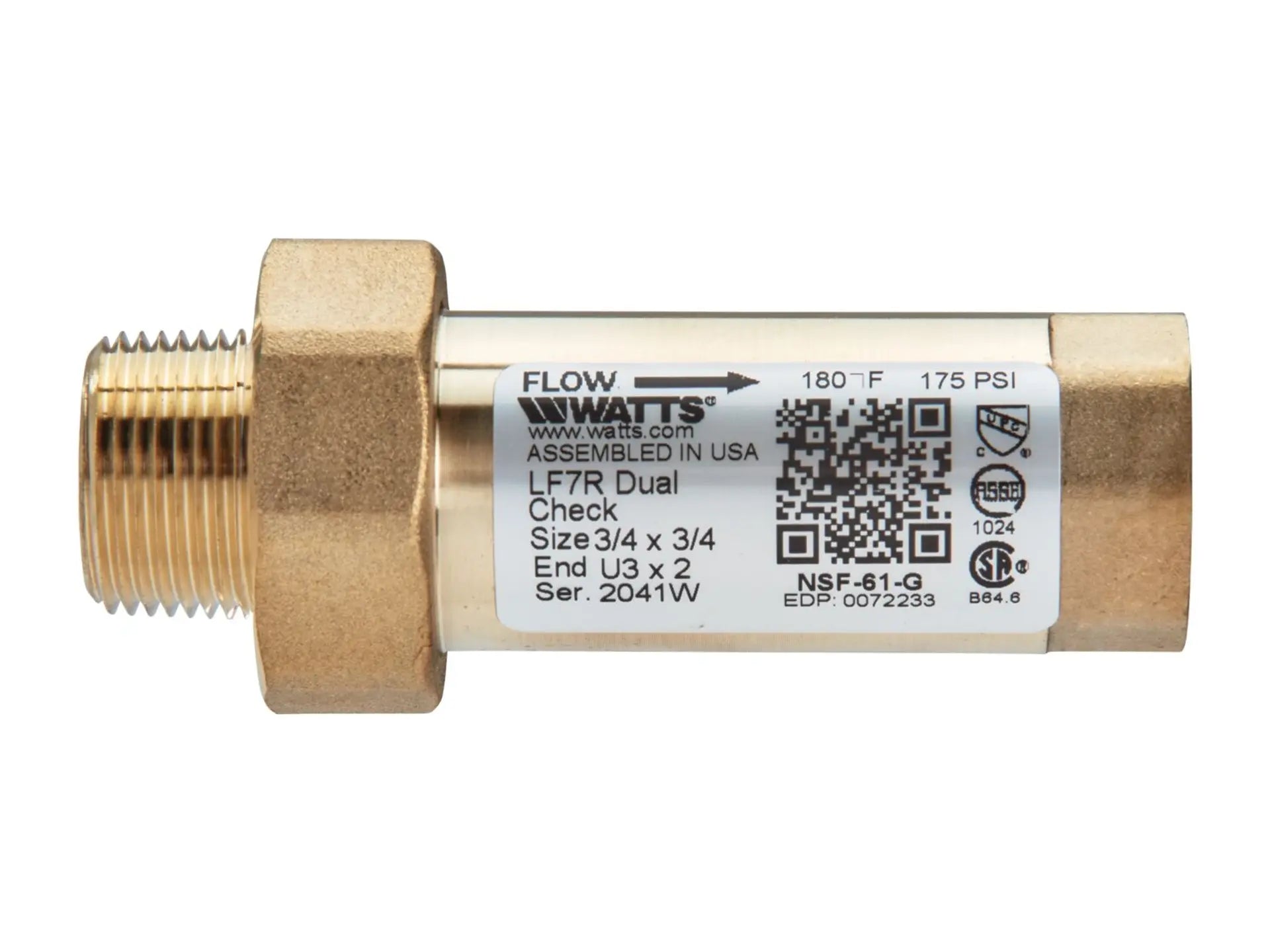 Watts 0072233, 3/4x3/4 LF7RU3-2 Lead Free Residential Dual Check Valve Backflow Preventer