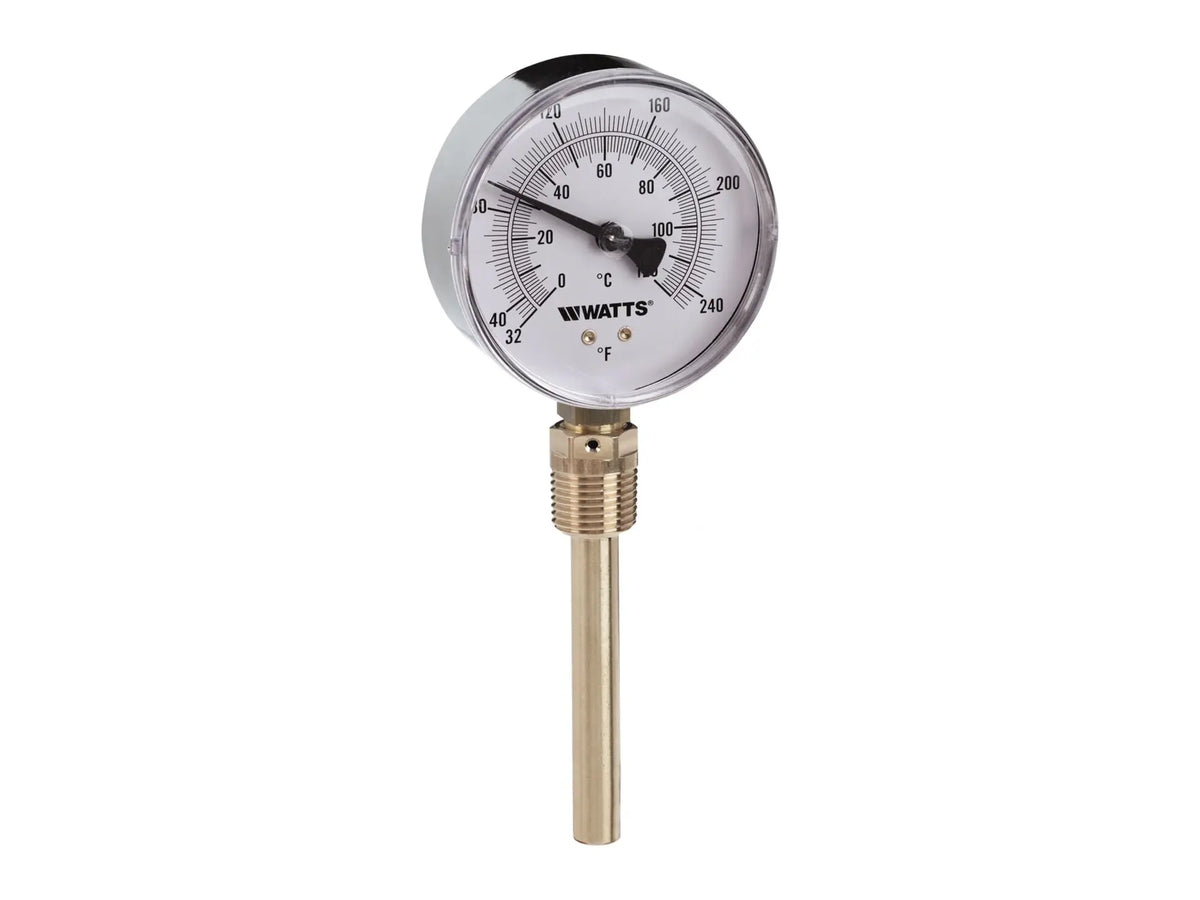 Watts 0121721, 1/2" Lead Free Bimetal Thermometer, 32 to 140 degree F, 3" Dial, 3" Probe, Bottom