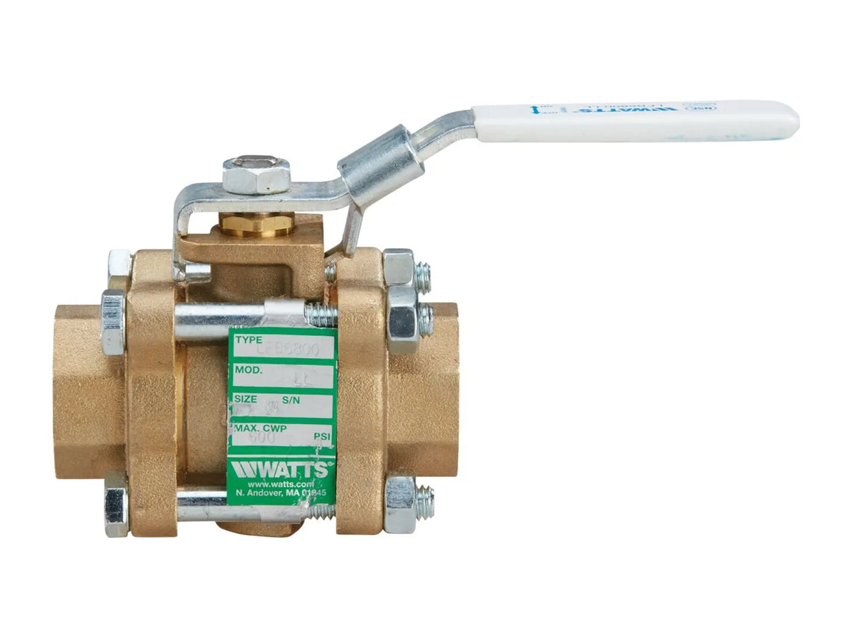 Watts 0123246, 3/4" Lead Free 3-Piece Full Port Ball Valve, Threaded NPT End Connections, Latch-Lok