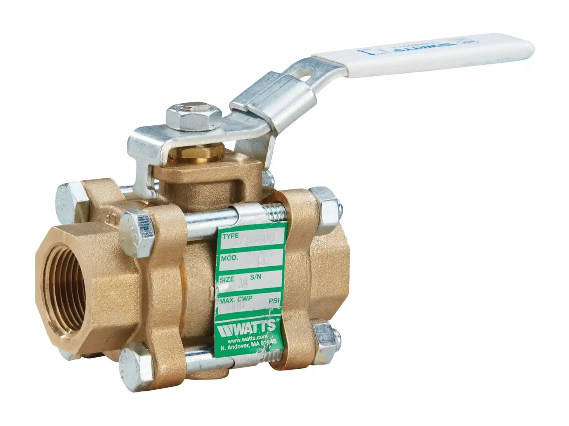 Watts 0123250, 2" Lead Free 3-Piece Full Port Ball Valve, Threaded NPT End Connections, Latch-Lok