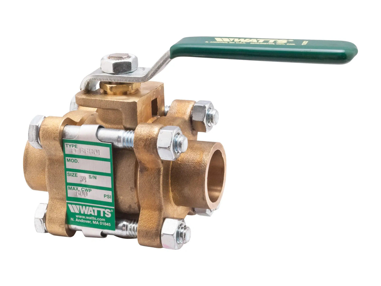 Watts 0123276, 3/4" Lead Free 3-Piece Full Port Ball Valve with Solder Ends