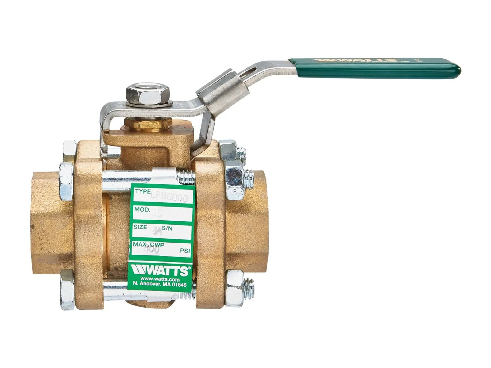 Watts 0125243, 2" Lead Free 3-Piece Full Port Ball Valve, Threaded NPT End Connections, Latch-Lok