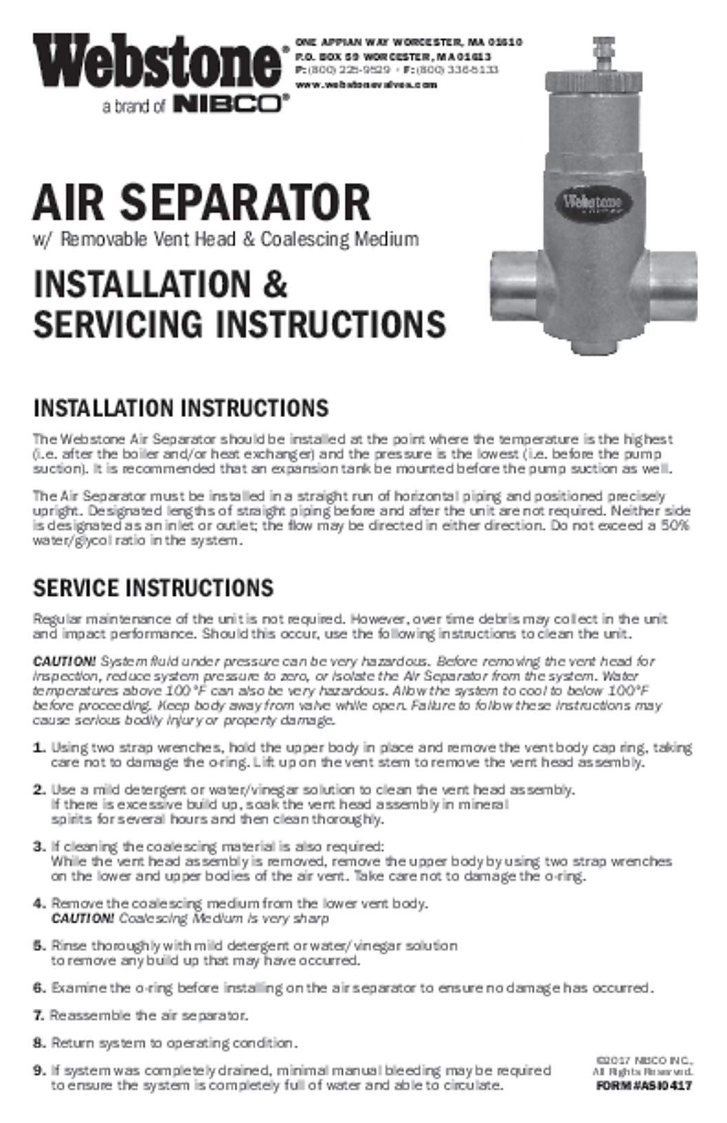 Webstone Air Separator Installation & Servicing Instructions