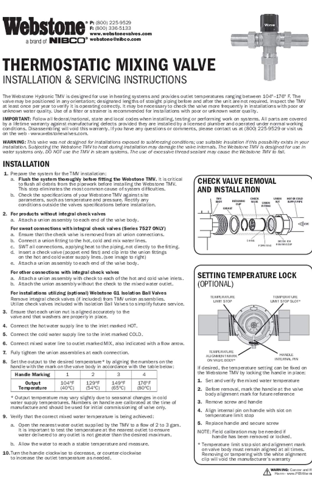 Webstone Thermostatic Mixing Valve Installation & Servicing Instructions