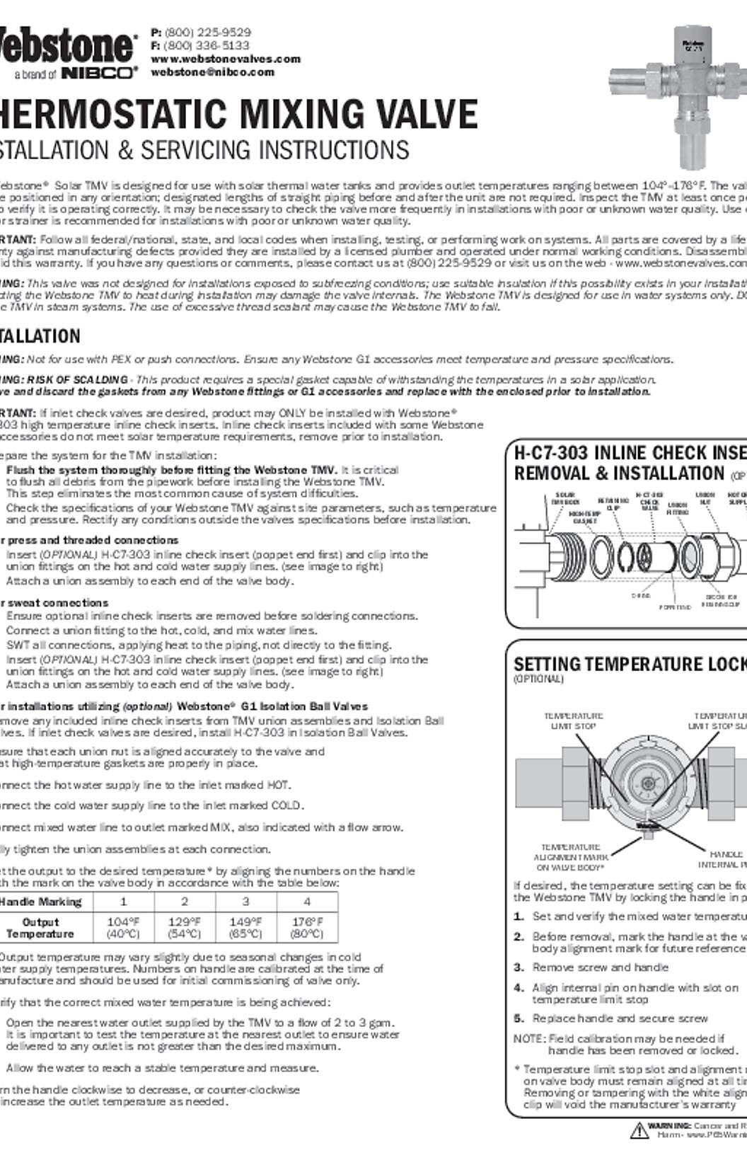Webstone Thermostatic Mixing Valve Installation & Servicing Instructions