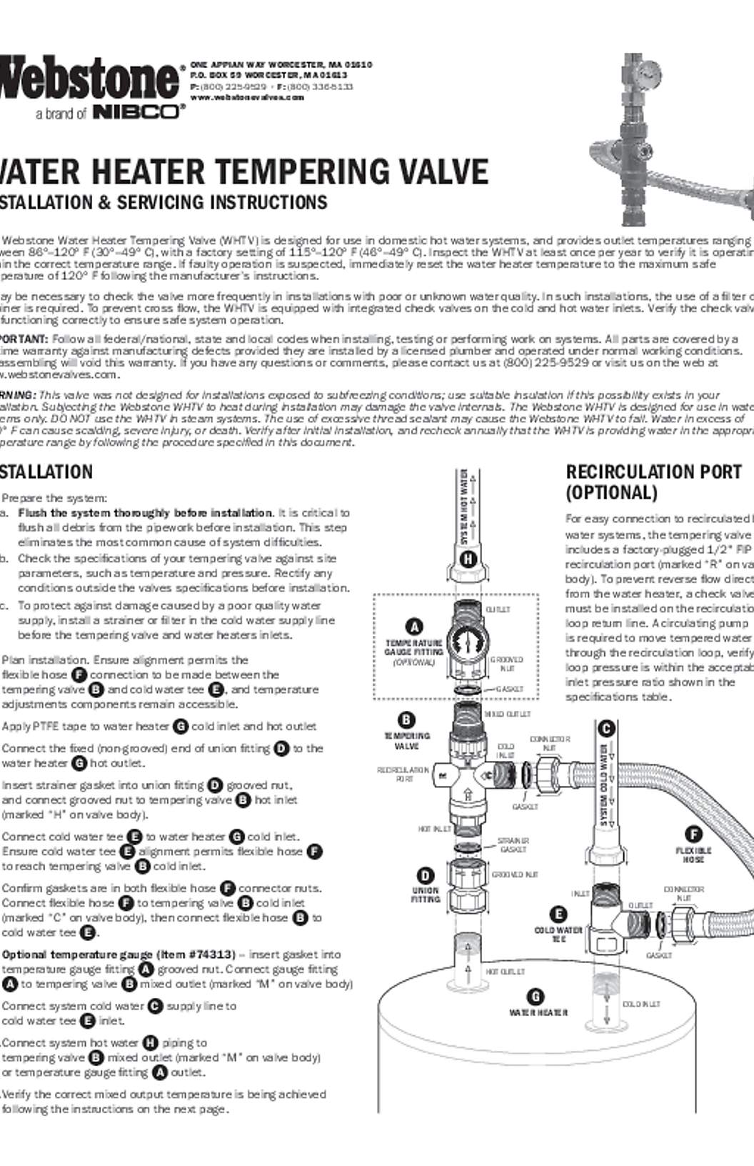 Webstone Water Heater Tempering Valve Installation & Servicing Instructions